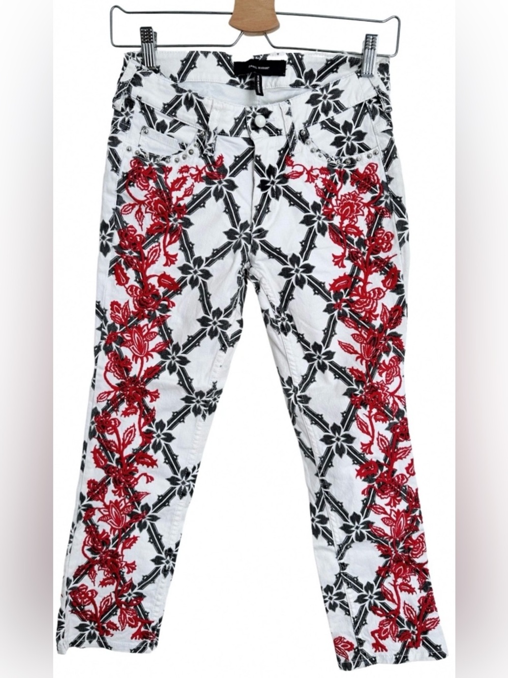 Isabel Marant White Denim Jeans with Red Floral & Black Lattice Print and Studs